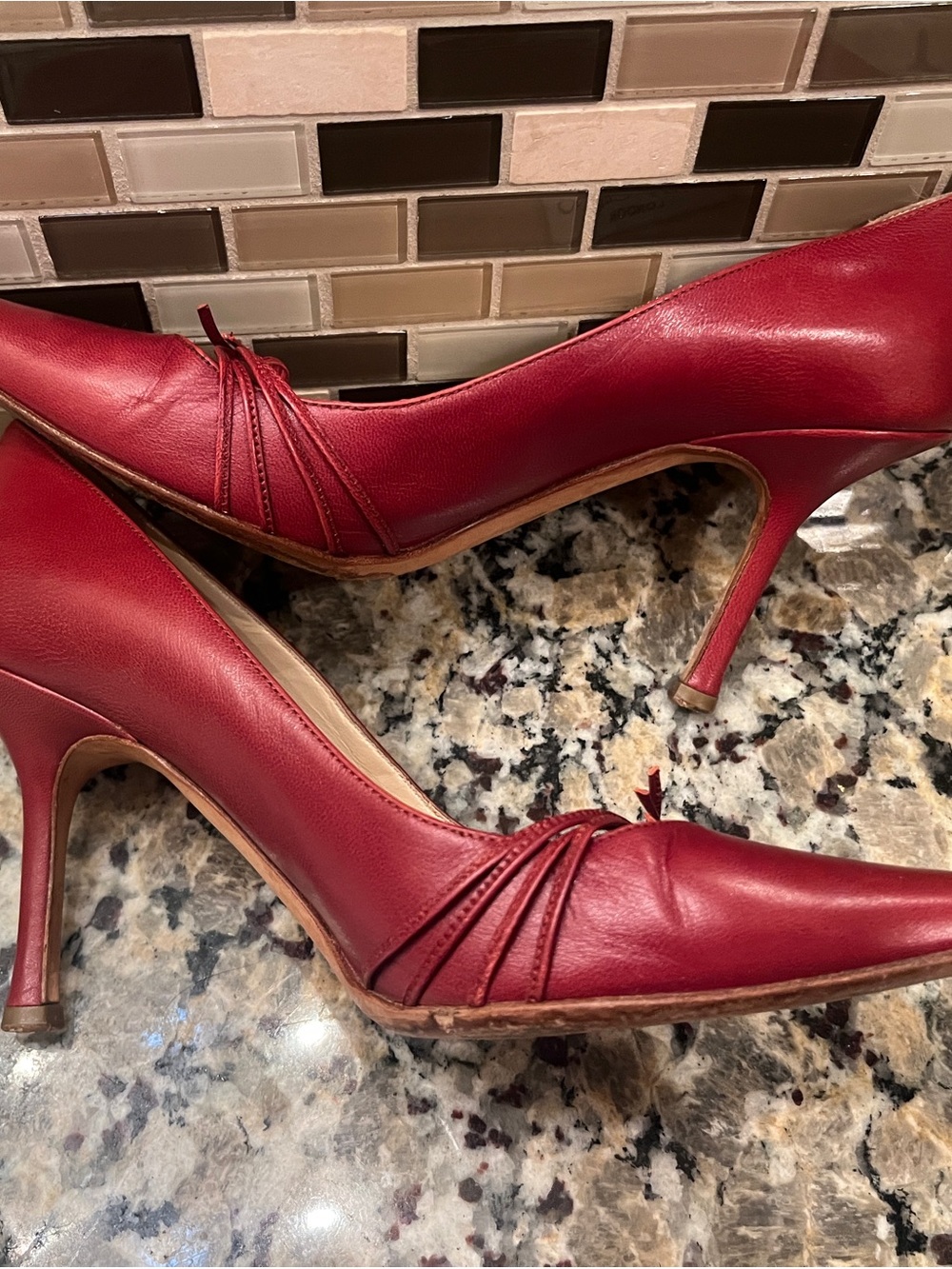 Jimmy Choo Red Leather Pointed-Toe Stilettos with Draped Detail